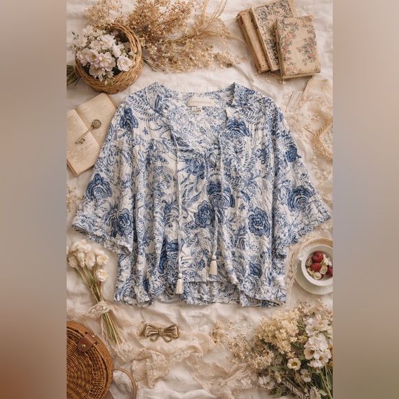 Lovestitch Blue & White Floral Tassel Blouse | Size S - Picture 6 of 6